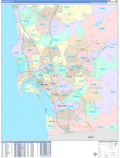 San Diego City Wall Map Color Cast Style